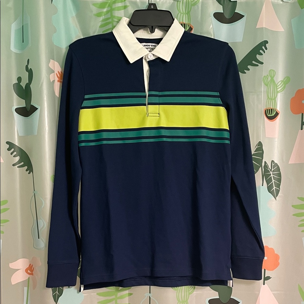 Lands' End Navy Long-Sleeve Rugby Shirt with Lime & Green Stripes